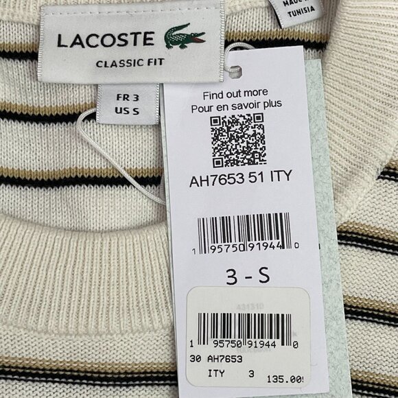 NWT LACOSTE Men's White Striped Cotton Crewneck Sweater with Badge Size Small - Picture 5 of 8